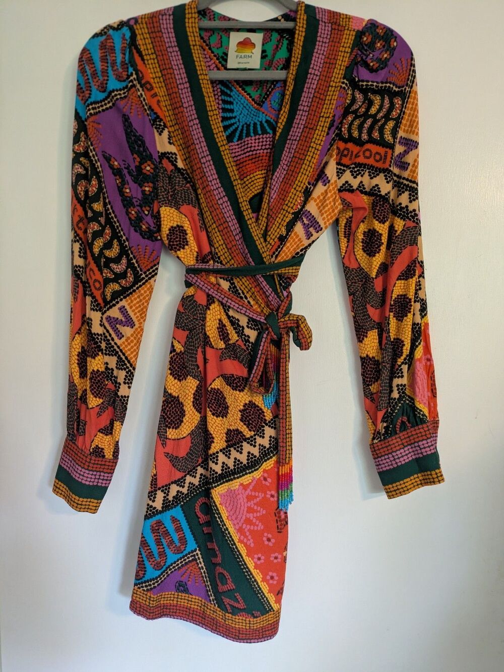 Farm Rio Dotted Patch Scarf Mini Wrap Dress S Orange Multi Boho Tassel New - Picture 7 of 13